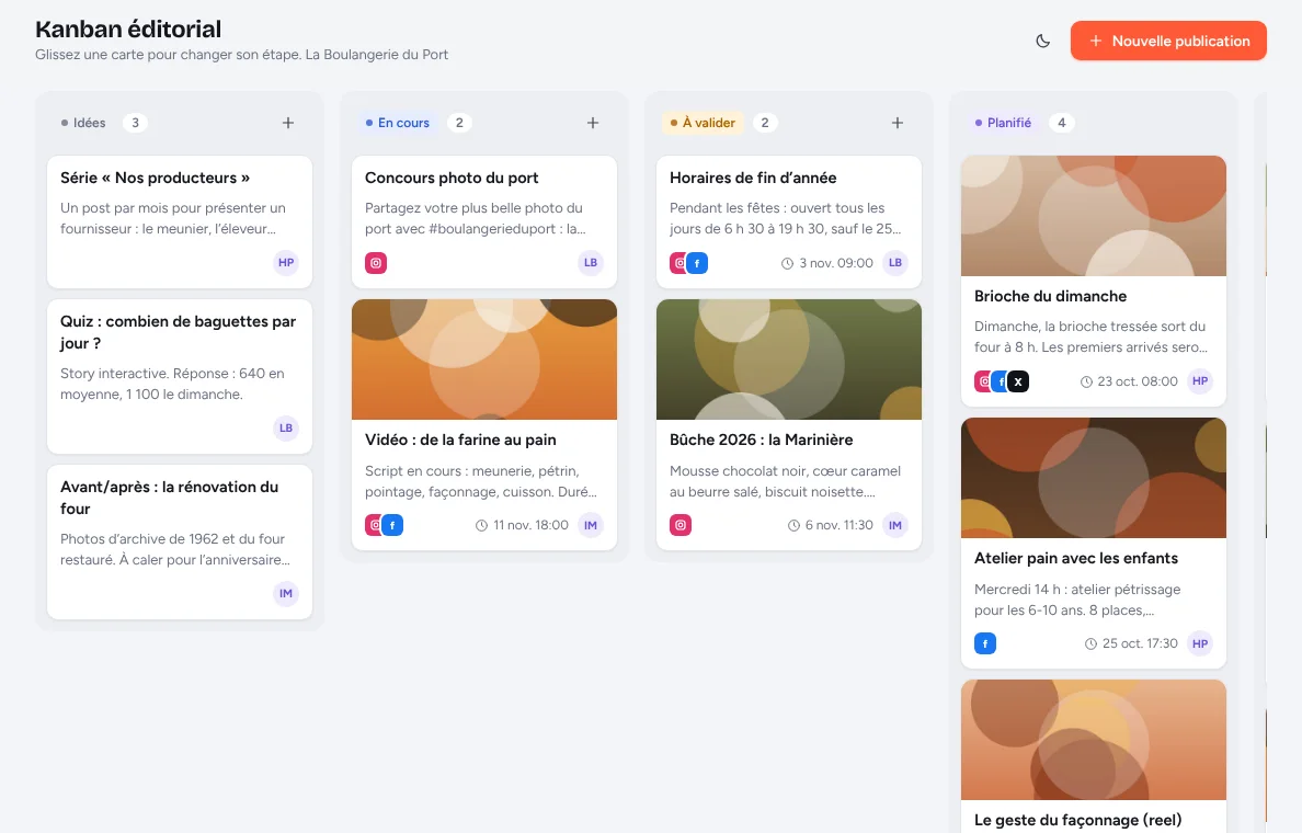 Kanban éditorial : idées, posts en cours, à valider et planifiés