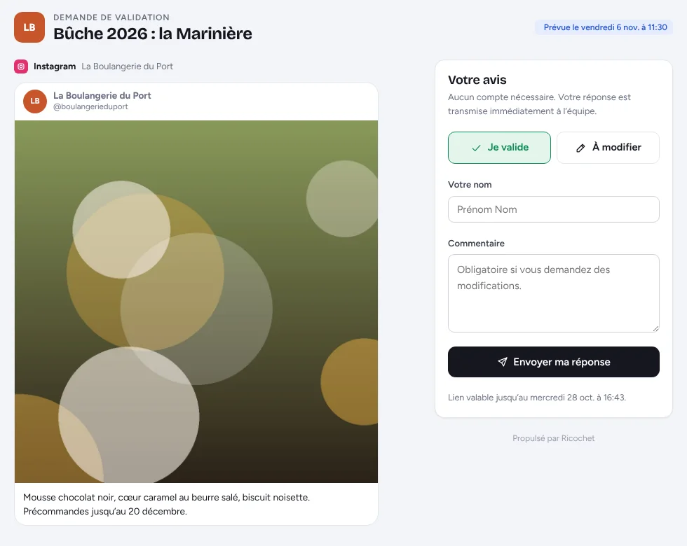 Page de validation envoyée au client, avec aperçu du post et boutons Je valide / À modifier